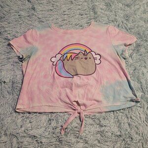 Pusheen Unicorn Cat Crop Top Pastel Tie Dye Short Sleeve Tee Pink Blue Size M